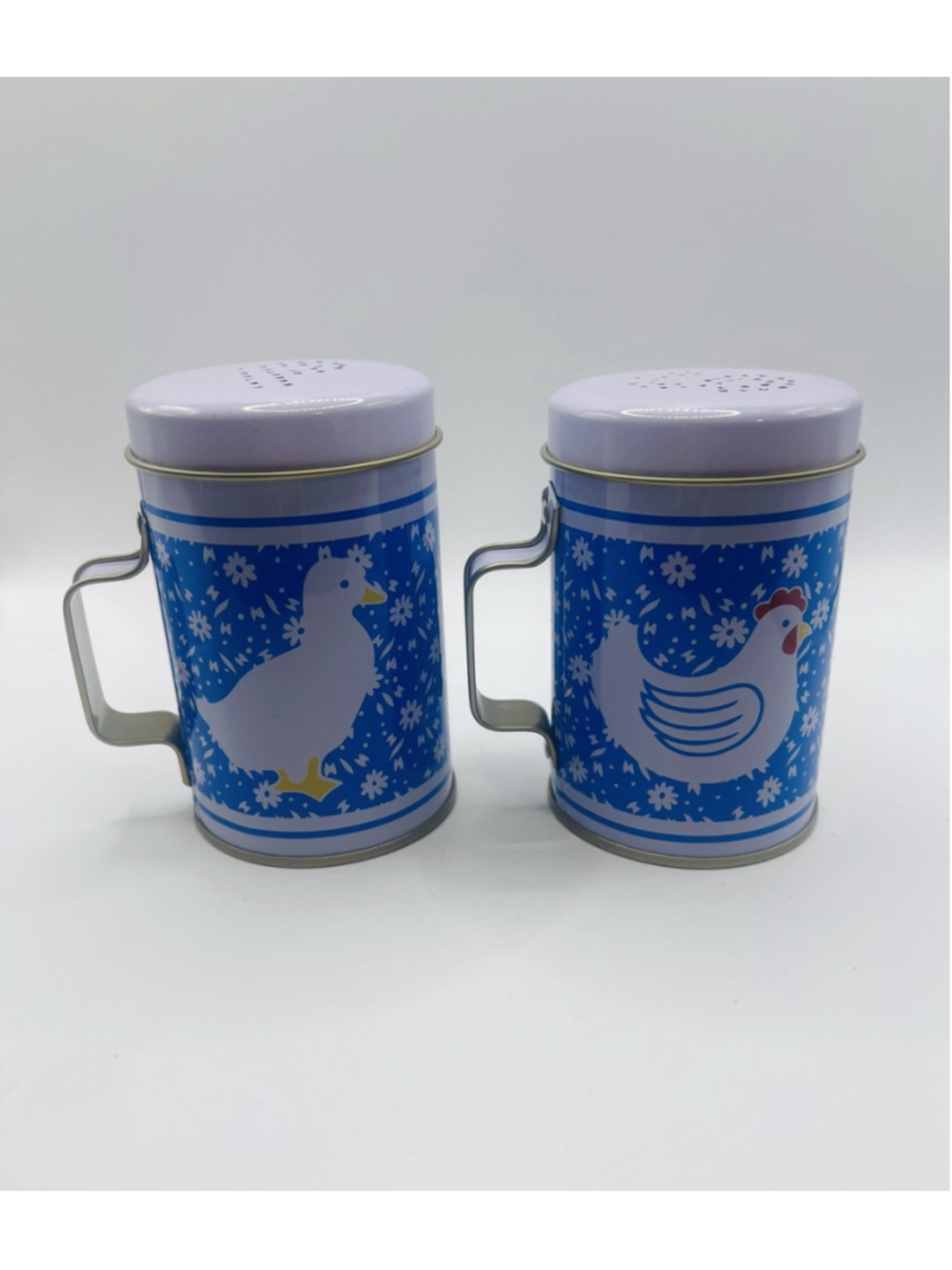 Vintage Country Calico Kitchen Salt & Pepper Shakers Tin Metal Duck Hen Blue